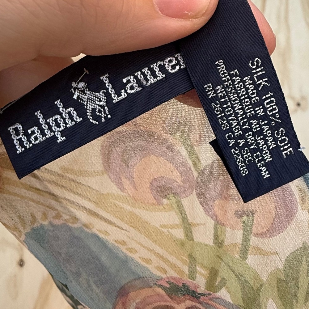 Ralph Lauren Silk Square Scarf Blue Pink Floral Fruit Garden Made in Japan 34in - Picture 4 of 5
